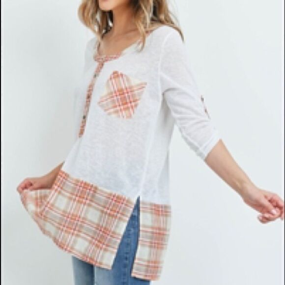 Plaid Orange-Rust ,White Button 3/4 Sleeve Shirt - Picture 5 of 7